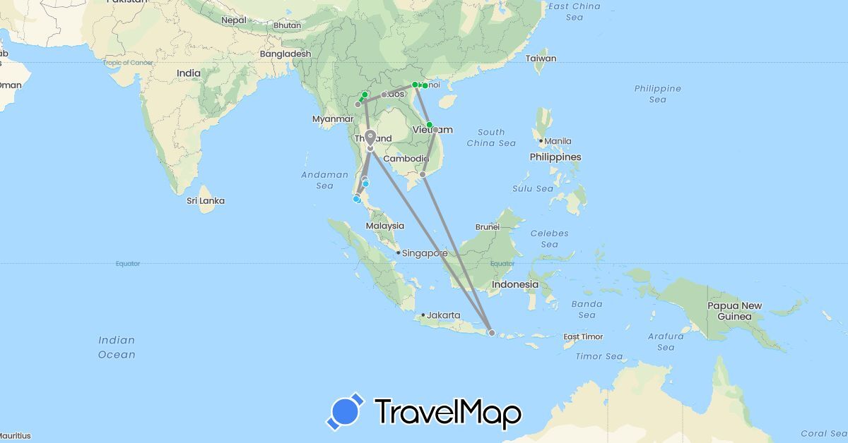 TravelMap itinerary: driving, bus, plane, boat in Indonesia, Laos, Thailand, Vietnam (Asia)
